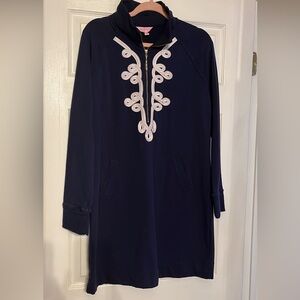 Lilly Pulitzer Navy Blue White Skipper Solid Popover Mini Dress Women Size Large